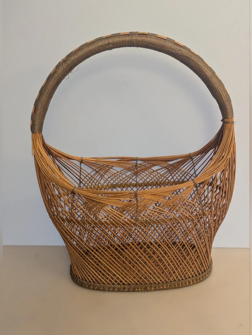 Handwoven Natural Rattan Basket Tote with Arch Handle